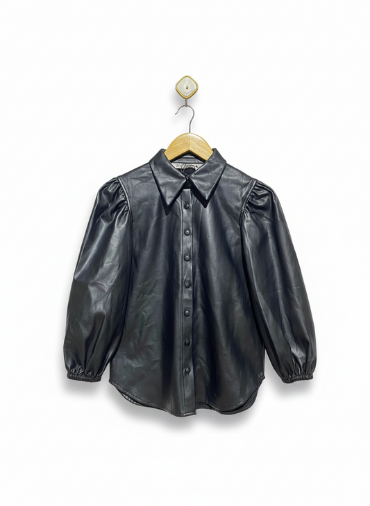 ZARA |XS| BUST 19| EDGY BLACK FAUX LEATHER PUFF SLEEVE BUTTON-UP BLOUSE