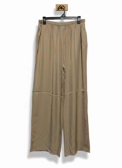 UNISON |L| WAIST 30| WOMEN’S TAUPE WIDE-LEG TROUSERS - ELEGANT SATIN-FINISH PALAZZO PANTS