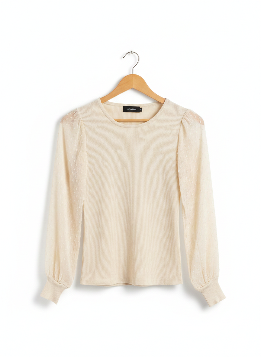 MISS VALLEY |M| BUST 14| CREAM RIBBED TOP WITH SHEER PUFF SLEEVES