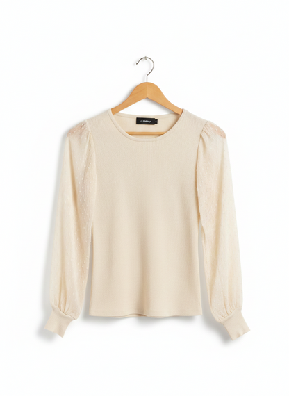 MISS VALLEY |M| BUST 14| CREAM RIBBED TOP WITH SHEER PUFF SLEEVES