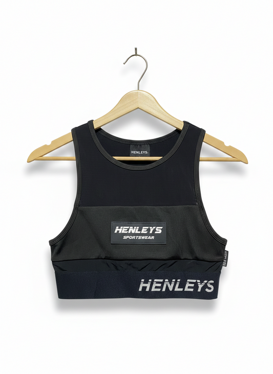 HENLEYS |S| BUST 13| HENLEYS SPORTSWEAR BLACK RACERBACK CROP TOP