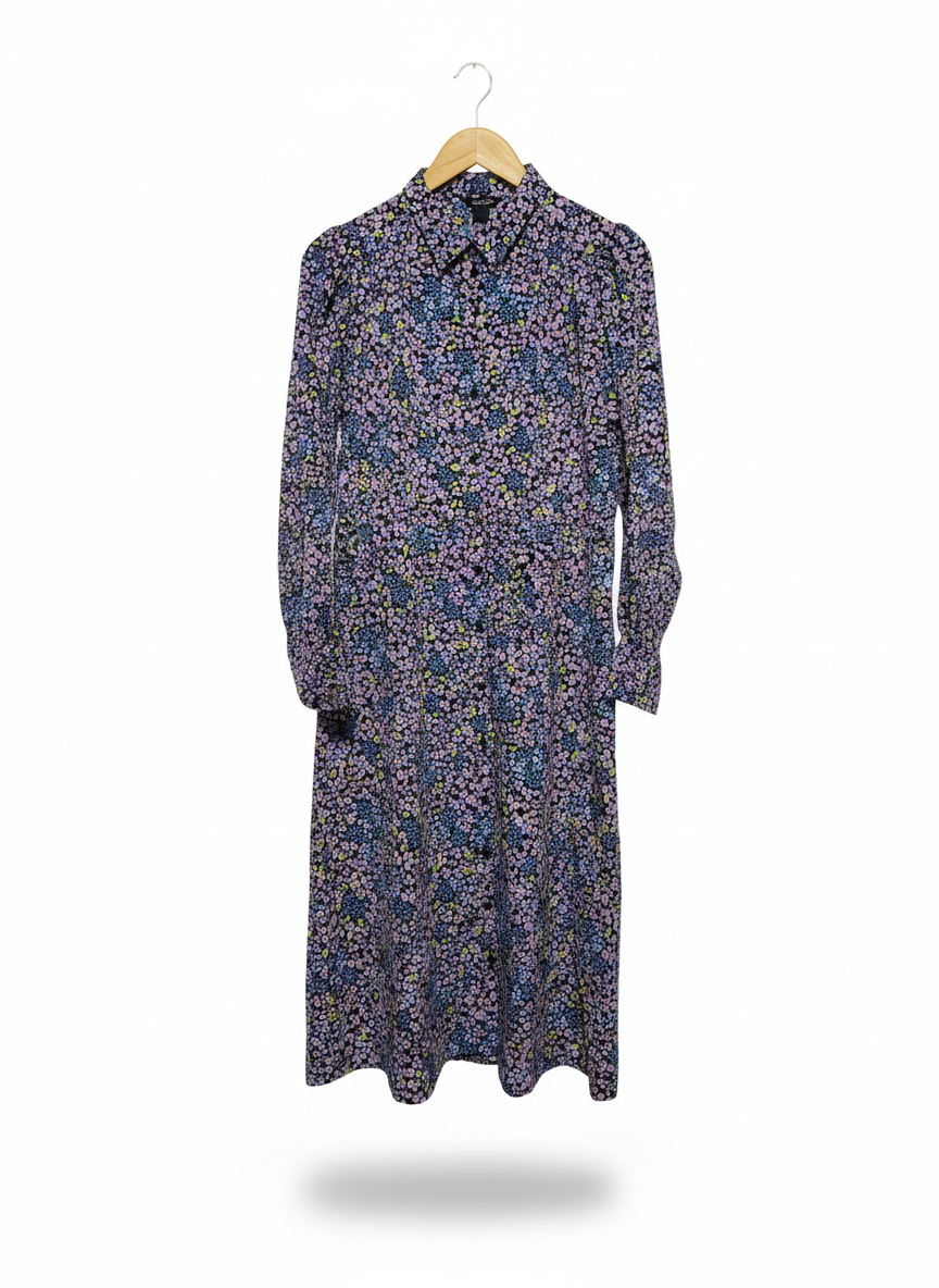 MONKL |S| BUST 19|C4| LONG SLEEVE BUTTON-FRONT MIDI DRESS WITH COLLAR