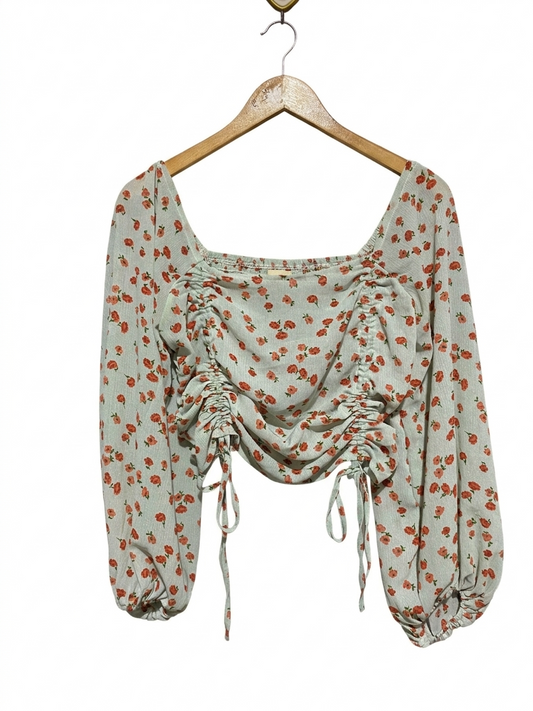 SASSY HILLS FASHION |S| BUST 17| B6| VINTAGE FLORAL RUCHE FRONT SQUARE NECK CROP BLOUSE