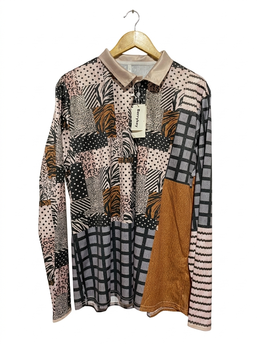 |XL| BUST 23| B23| PATCHWORK PRINT POLO SHIRT - LONG SLEEVE MULTI-PATTERN CASUAL TOP