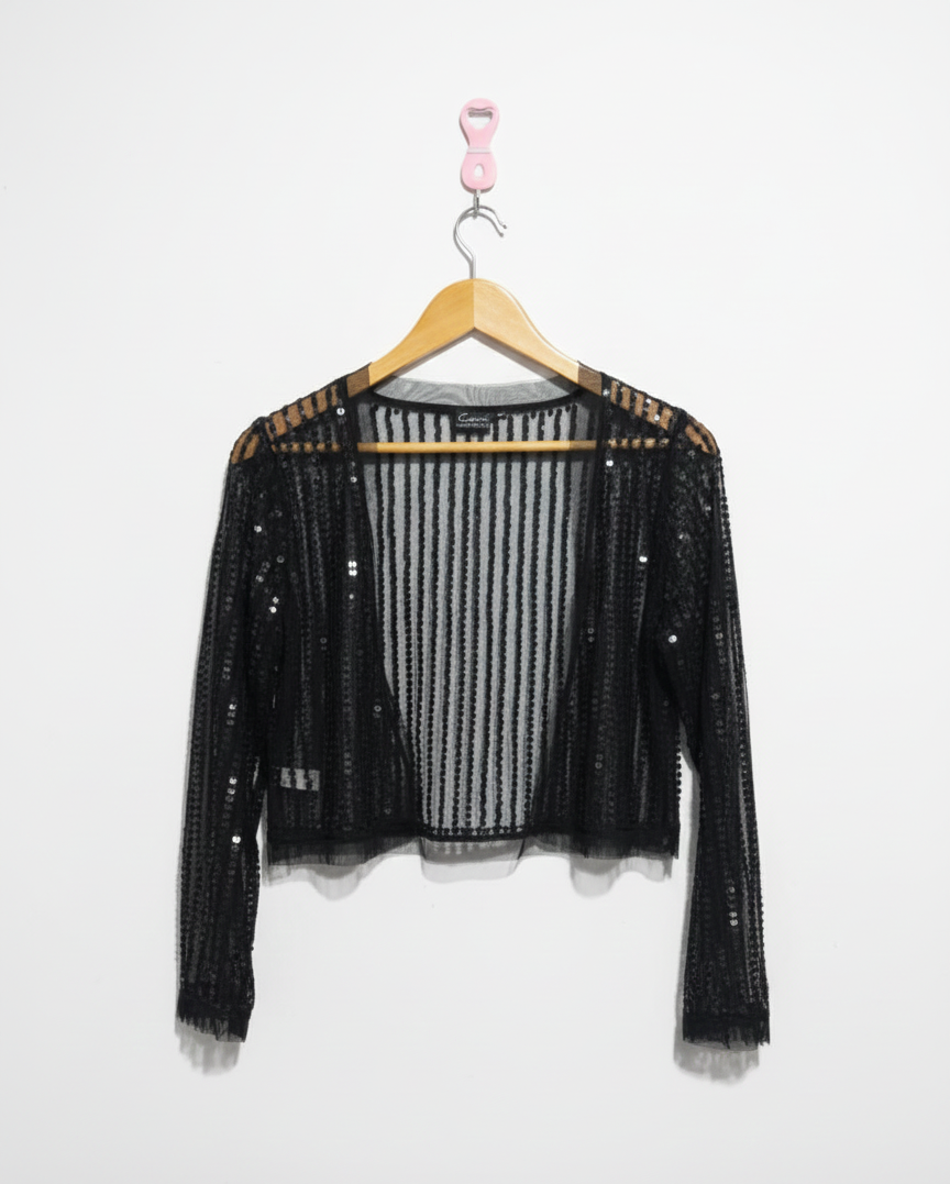 CEJION|S|BUST 18|BLACK SEQUIN MESH CROPPED JACKET