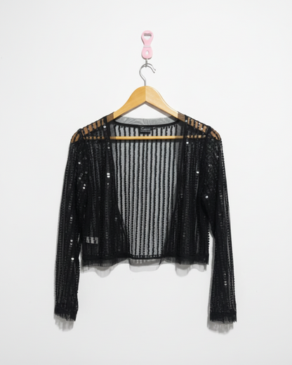 CEJION|S|BUST 18|BLACK SEQUIN MESH CROPPED JACKET