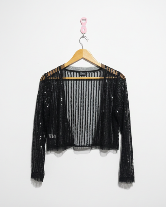 CEJION|S|BUST 18|BLACK SEQUIN MESH CROPPED JACKET