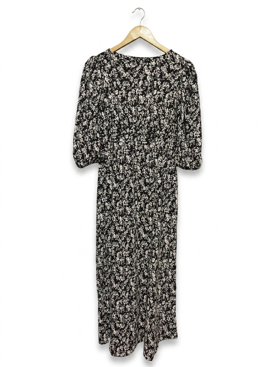 F&F |S| BUST 15| B22| ELEGANT BLACK AND WHITE FLORAL PRINT LONG MAXI DRESS WITH PUFF SLEEVES