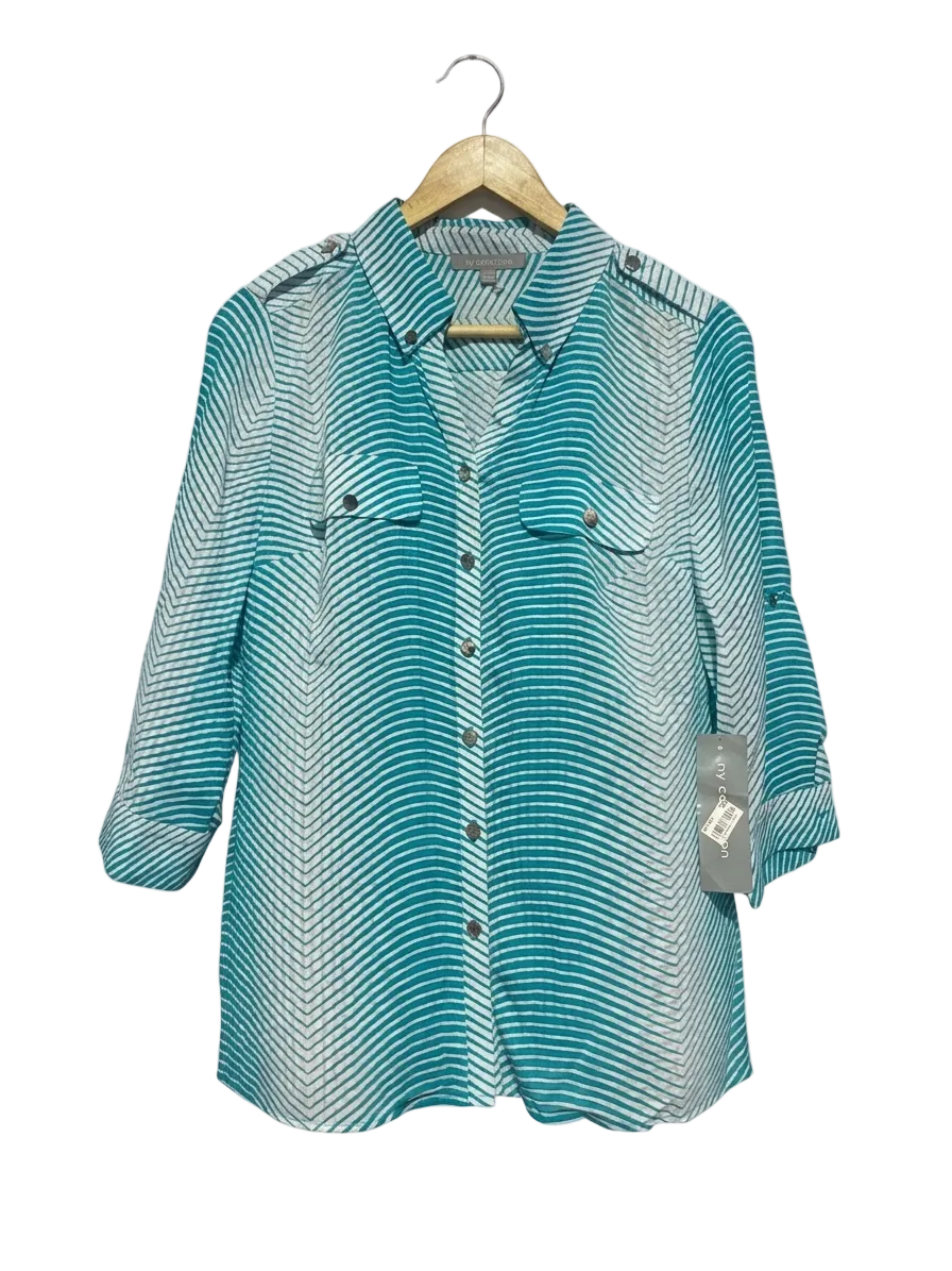 NY COLLECTION |M| BUST 19| B9| TEAL CHEVRON STRIPE BUTTON-DOWN BLOUSE
