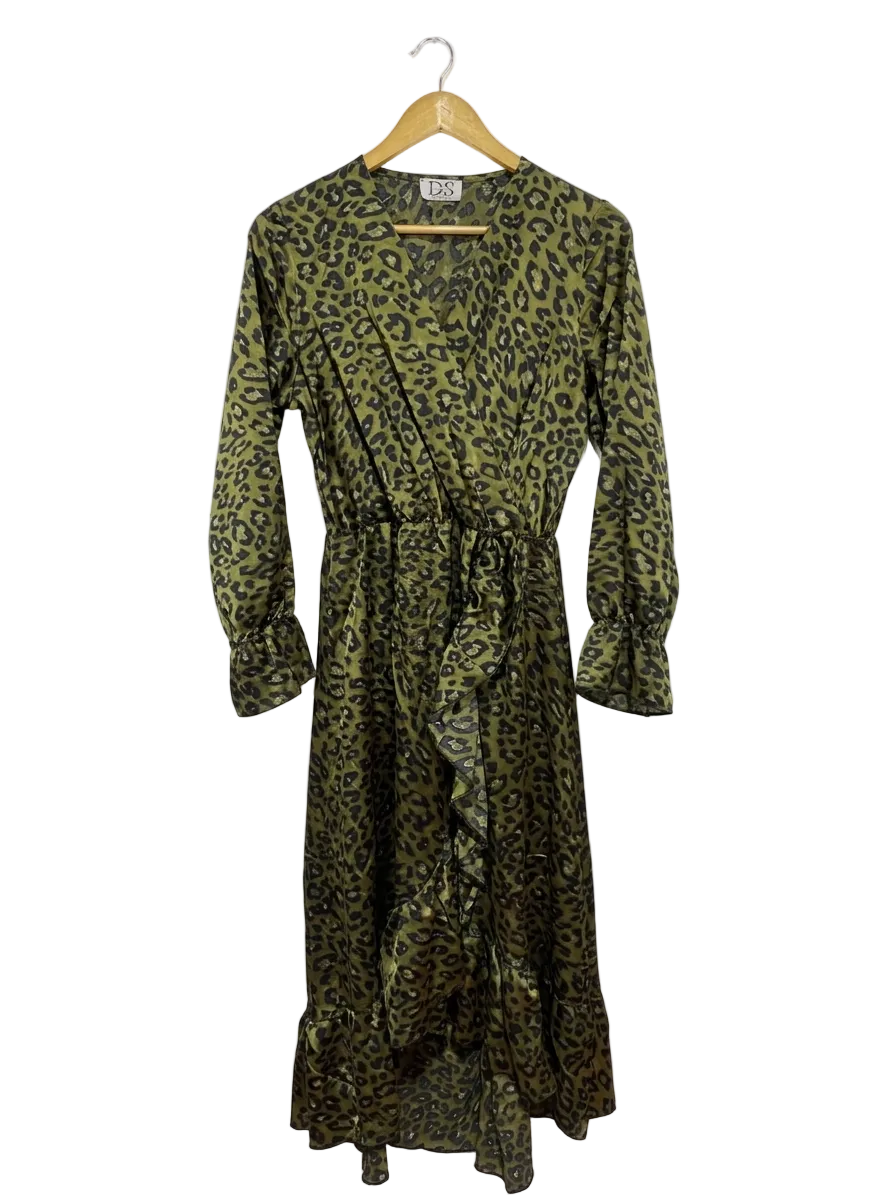 DS DRESSING | M| BUST 19 | B10 |  OLIVE LEOPARD PRINT FAUX WRAP MIDI DRESS