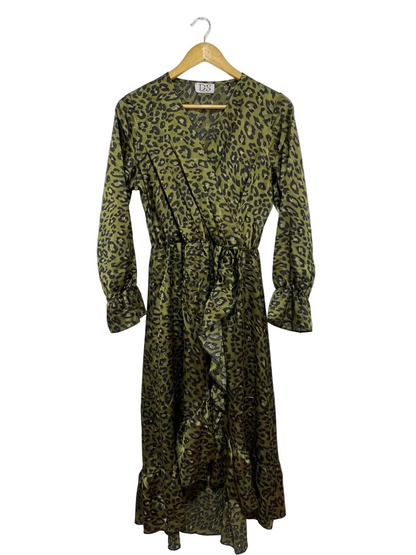 DS DRESSING | M| BUST 19 | B10 |  OLIVE LEOPARD PRINT FAUX WRAP MIDI DRESS