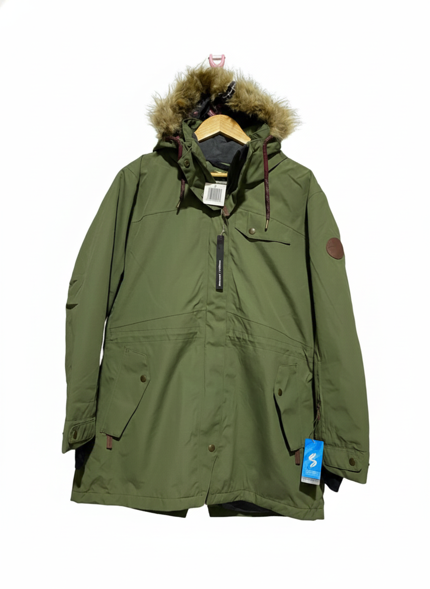 CRANE|L|BUST 23|SNOW EXTREME OLIVE GREEN PARKA JACKET WITH FAUX-FUR HOOD