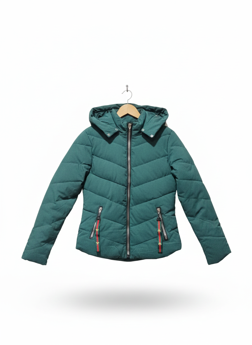 QIHOYN|L|BUST 19|GREEN PADDED JACKET WITH RED AND GREEN STRIPES