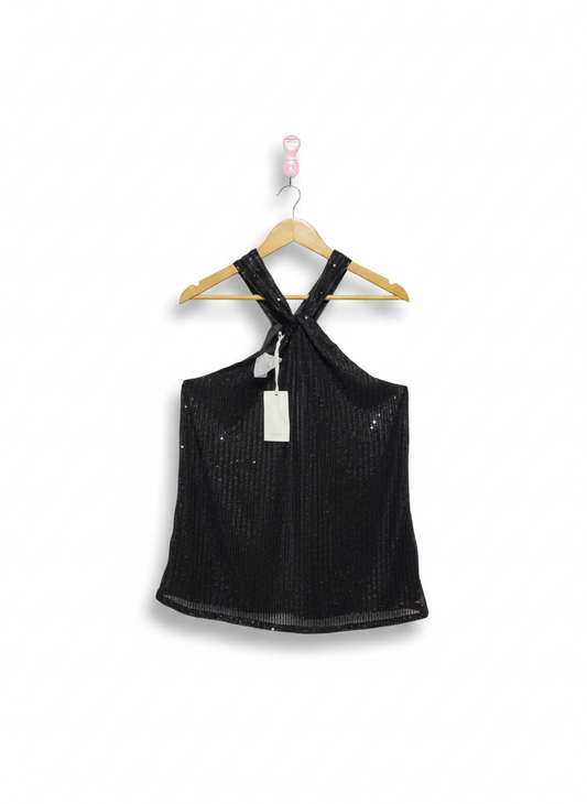 GRACE KKARIN|L/XL|BUST 19|BLACK SEQUIN HALTER NECK TANK TOP