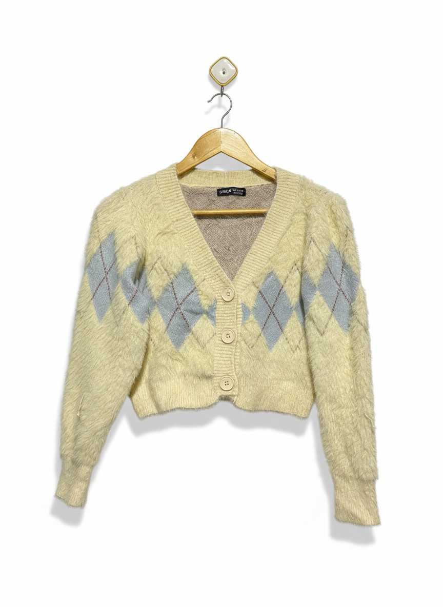 SHEIN|S|BUST 19| yellow fuzzy cropped argyle cardigan