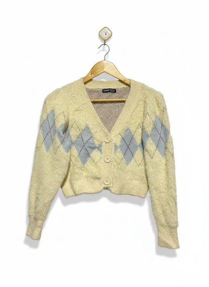 SHEIN|S|BUST 19| yellow fuzzy cropped argyle cardigan
