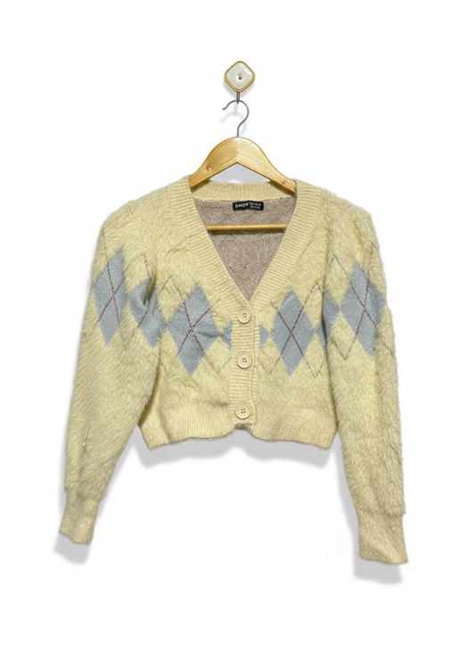 SHEIN|S|BUST 19| yellow fuzzy cropped argyle cardigan