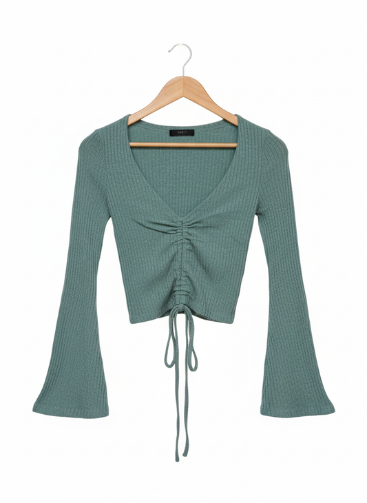 Shein Green Long Sleeve T-shirt RibbedTop Flared Sleeve W-11.5 / L-17