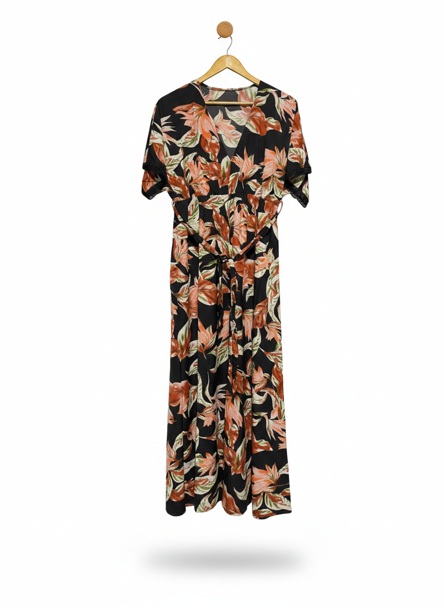 WOMEN'S TROPICAL FLORAL V-NECK MAXI DRESS WITH LACE TRIM SLEEVES |L| BUST FREE |