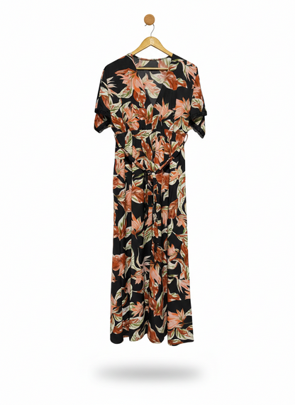 WOMEN'S TROPICAL FLORAL V-NECK MAXI DRESS WITH LACE TRIM SLEEVES |L| BUST FREE |