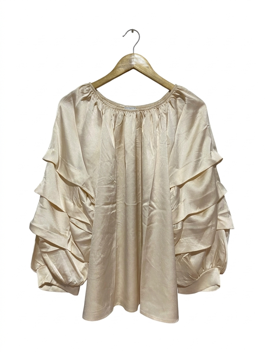 DIVERSE |L| BUST 26| B9| LUXURY CHAMPAGNE SATIN MULTI-LAYER RUFFLE SLEEVE BLOUSE