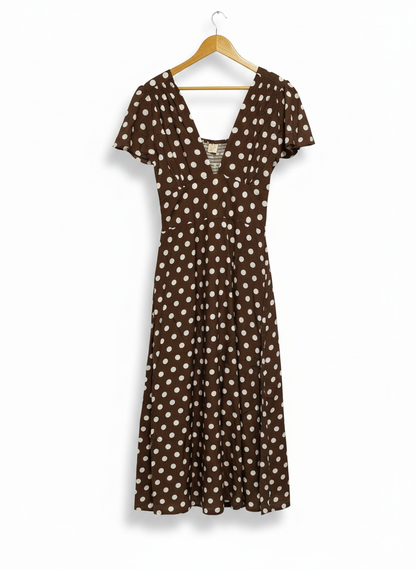 HAZEL&FOLK|L|BUST 17|LOCKLIN BROWN AND WHITE POLKA DOT MIDI DRESS