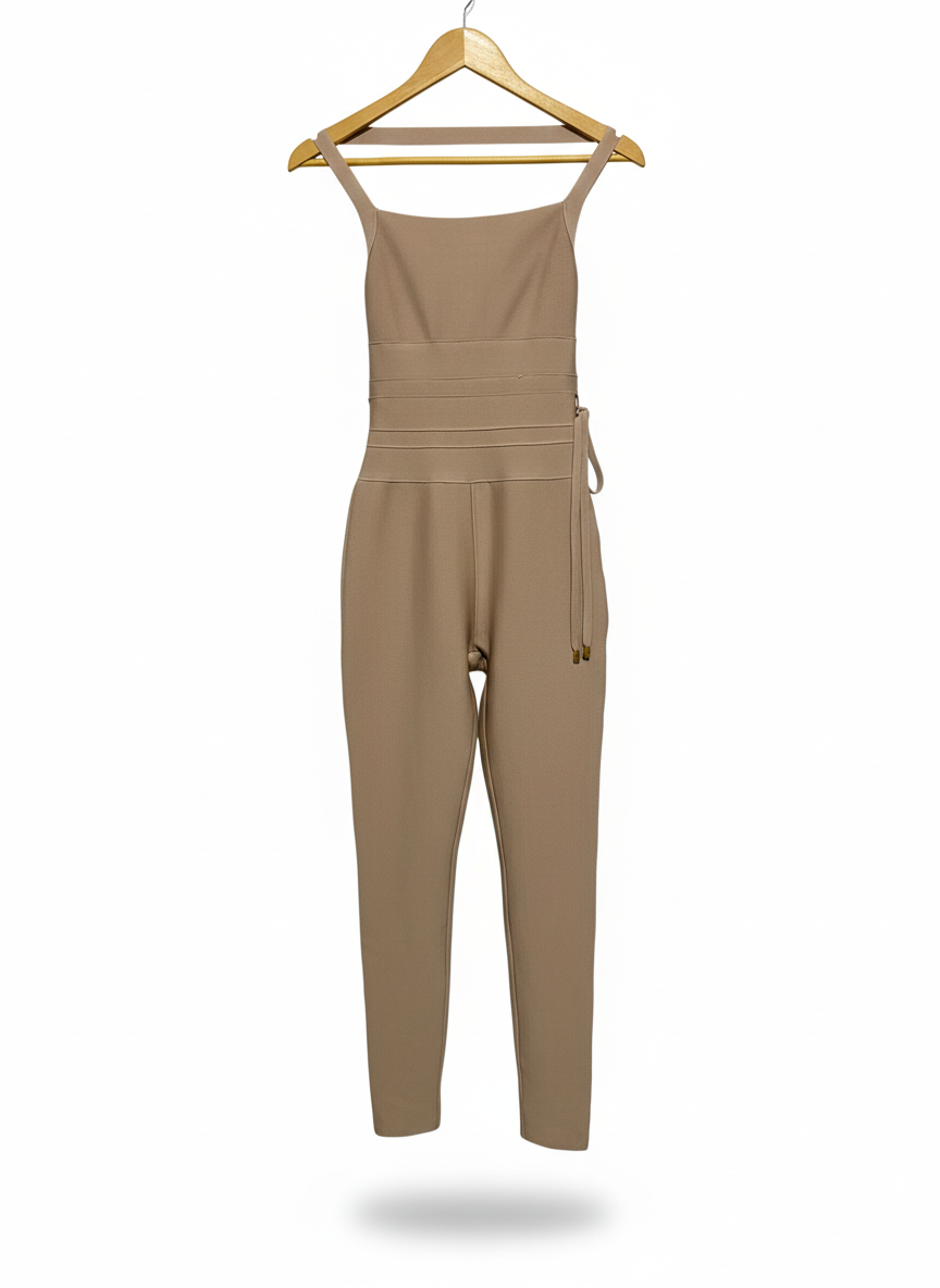 BELLA BARNETT|XS/S|BUST 13|BEIGE SLEEVELESS WIDE-LEG JUMPSUIT WITH TIE WAIST