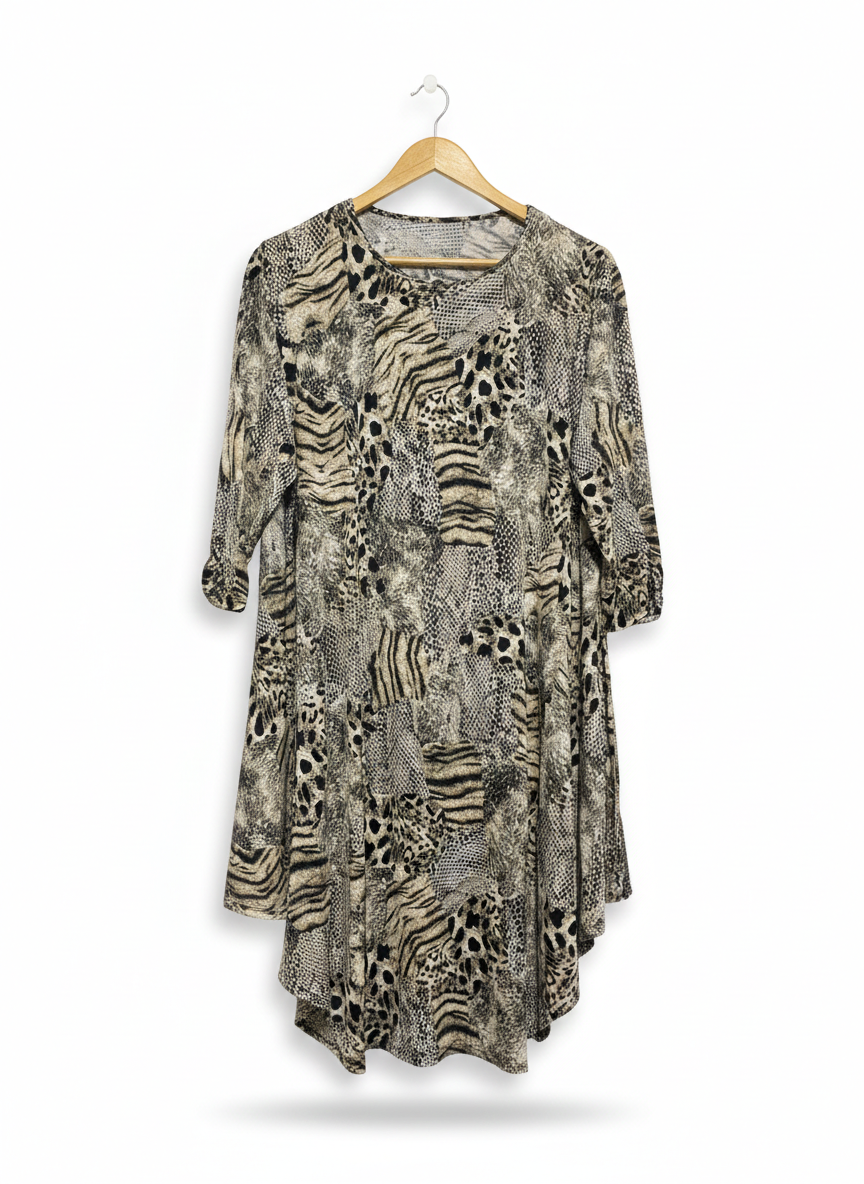 MIXED ANIMAL PRINT THREE-QUARTER SLEEVE TUNIC DRESS |XL| BUST 23|