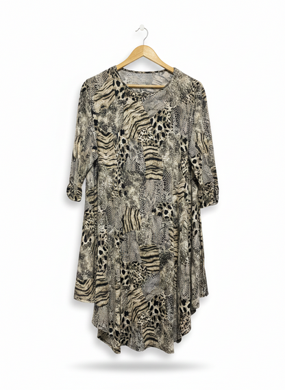 MIXED ANIMAL PRINT THREE-QUARTER SLEEVE TUNIC DRESS |XL| BUST 23|