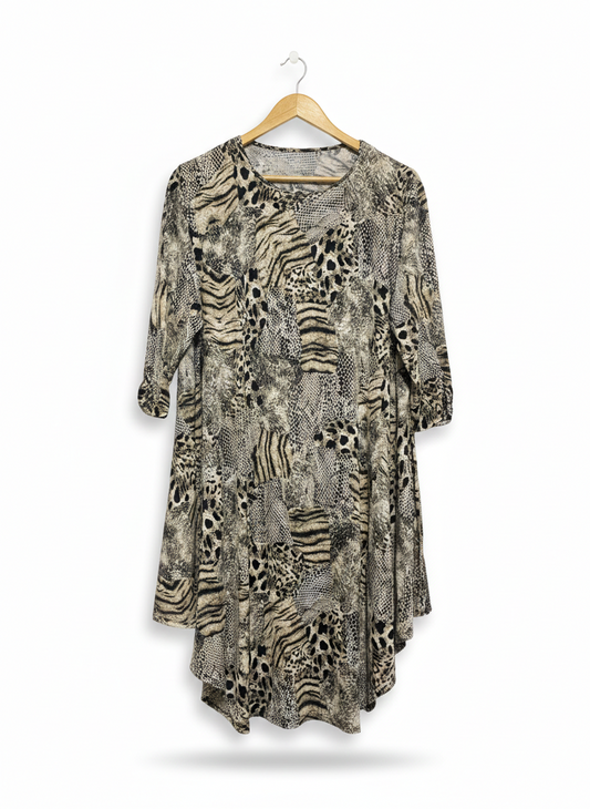 MIXED ANIMAL PRINT THREE-QUARTER SLEEVE TUNIC DRESS|B40| |XL| BUST 23|
