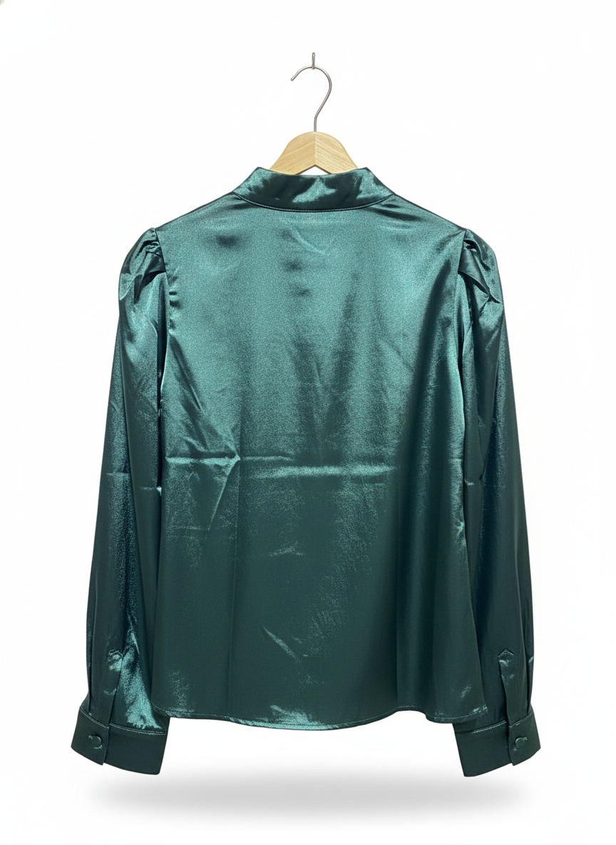 SHEIN |M| BUST 18| EMERALD GREEN SATIN LONG SLEEVE BLOUSE WITH PUFF SHOULDERS