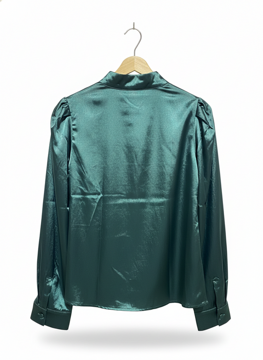 SHEIN |M| BUST 18| EMERALD GREEN SATIN LONG SLEEVE BLOUSE WITH PUFF SHOULDERS