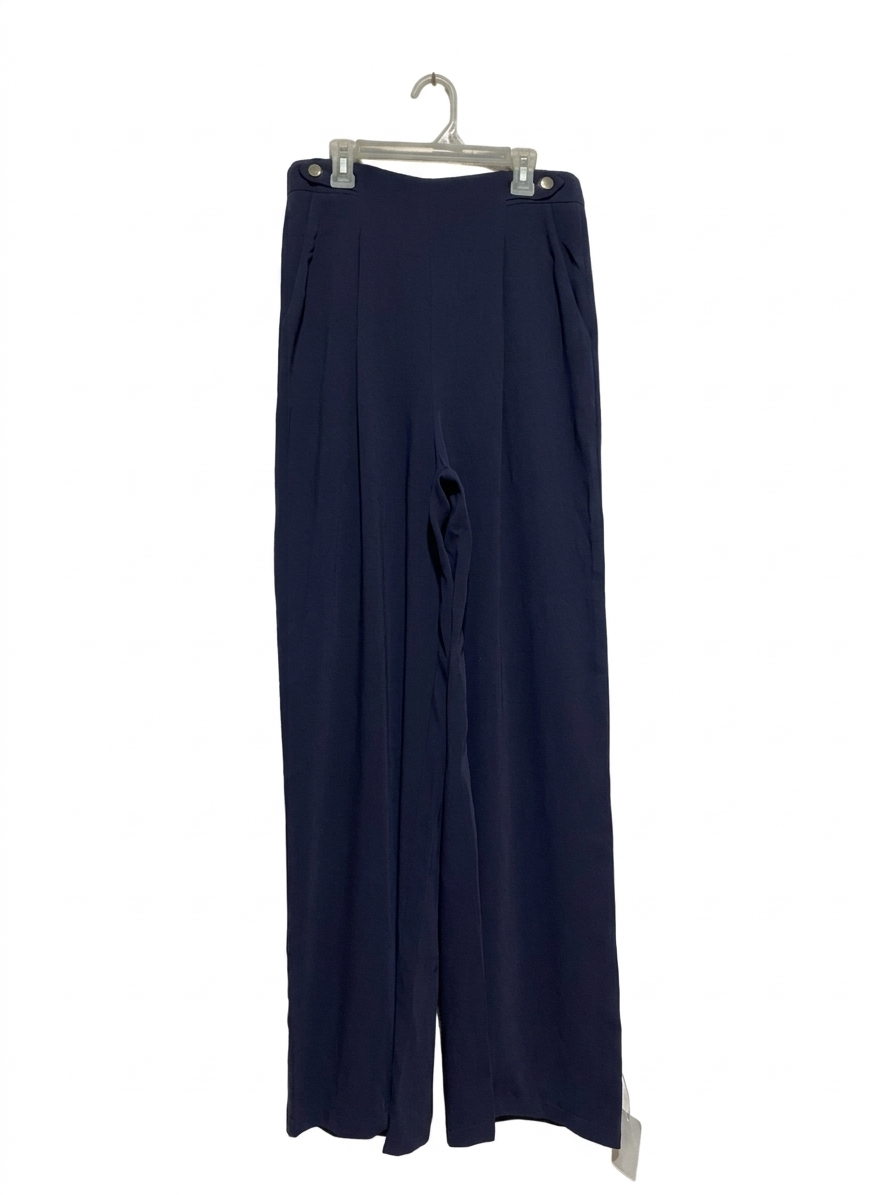 TUSSAH |M| WAIST 28| B7| PREMIUM NAVY BLUE HIGH-WAISTED WIDE-LEG PLEATED TROUSERS WITH SILVER ACCENTS