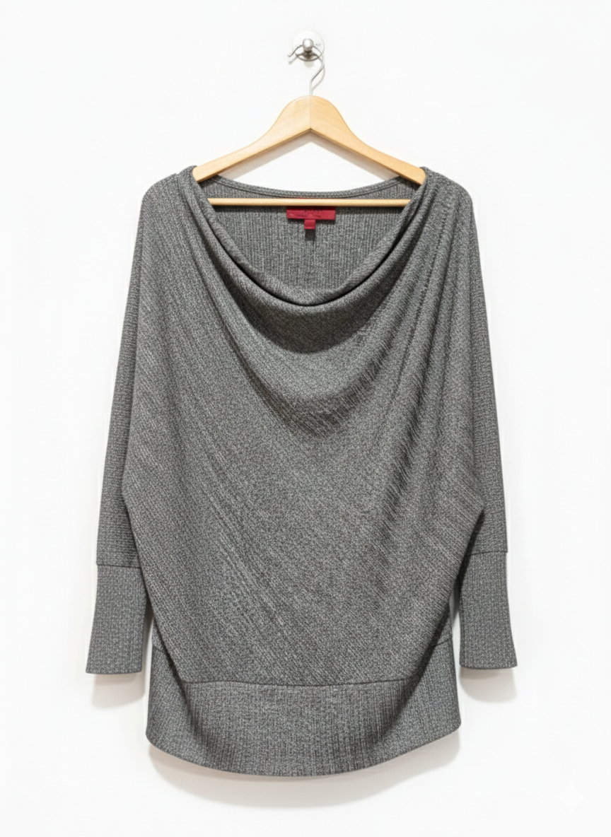 Jennifer Lopez L Cowl Neck Top Kimono sleeves Gray Ribbed cuffs and waistband W-22 / L-25