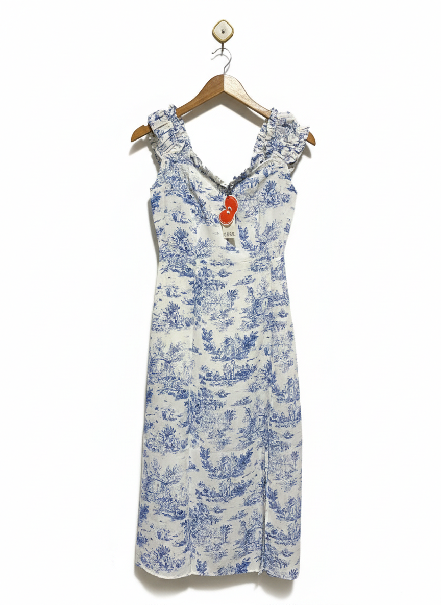 CIDER |XS| BUST 15|B12| VINTAGE-INSPIRED BLUE TOILE DE JOUY MIDI DRESS WITH RUFFLED STRAPS
