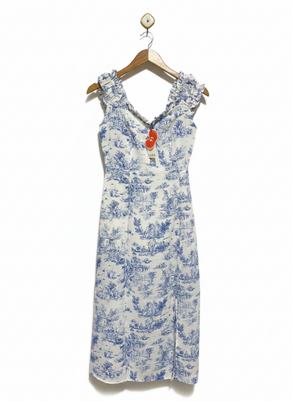 CIDER |XS| BUST 15|B12| VINTAGE-INSPIRED BLUE TOILE DE JOUY MIDI DRESS WITH RUFFLED STRAPS