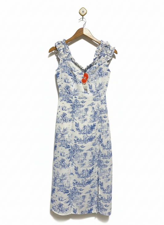 CIDER |XS| BUST 15|B12| VINTAGE-INSPIRED BLUE TOILE DE JOUY MIDI DRESS WITH RUFFLED STRAPS