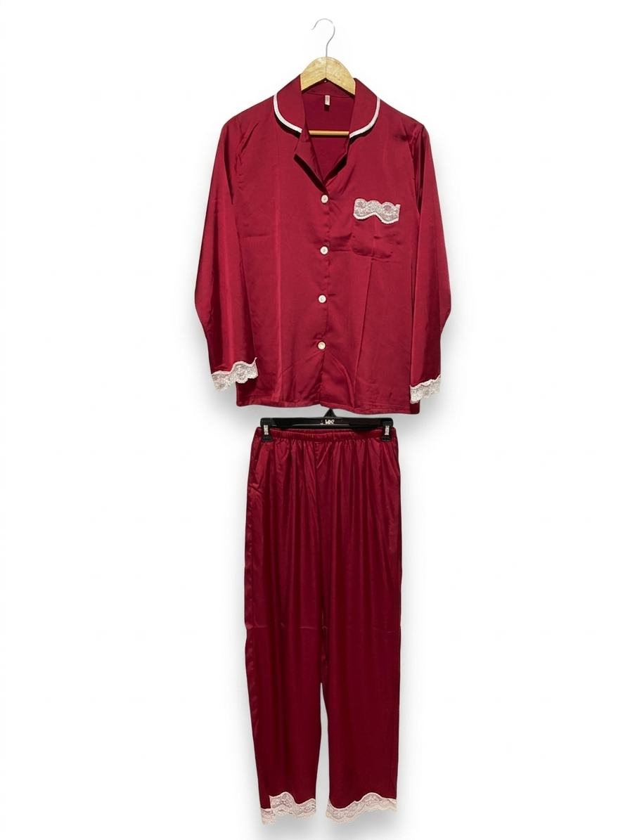 LUXURIOUS DEEP RED SATIN NIGHTWEAR SET WITH LACE TRIMMINGS |L| B7|
