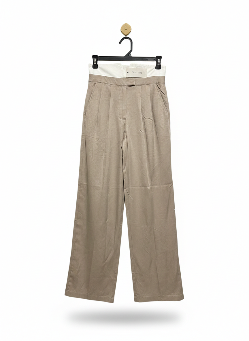 GLASSONS |M| WAIST 26| WOMEN'S HIGH-WAISTED WIDE-LEG PLEATED TROUSERS - KHAKI WITH WHITE CONTRAST WAIST