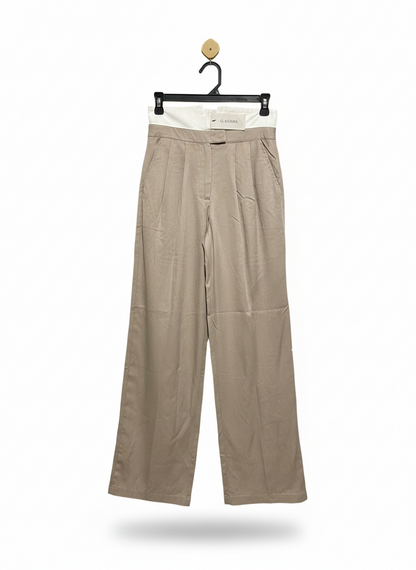 GLASSONS |M| WAIST 26| WOMEN'S HIGH-WAISTED WIDE-LEG PLEATED TROUSERS - KHAKI WITH WHITE CONTRAST WAIST