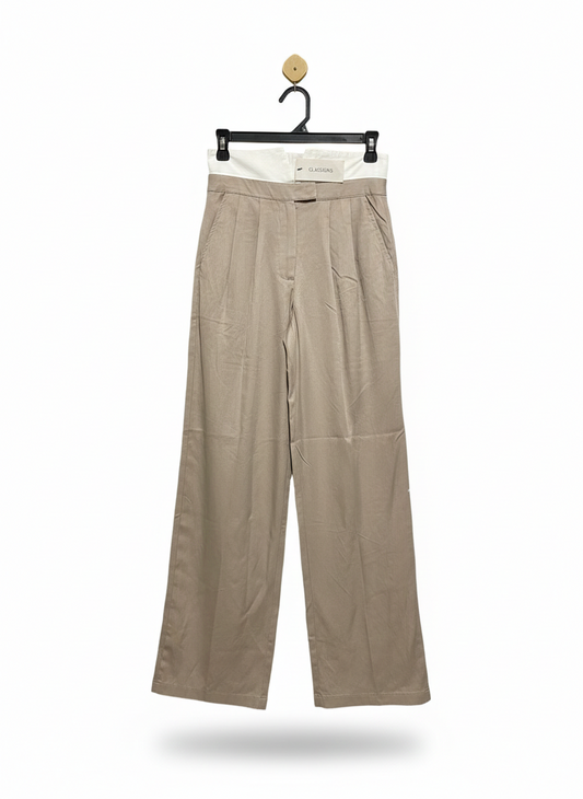 GLASSONS |M| WAIST 26| C7| WOMEN'S HIGH-WAISTED WIDE-LEG PLEATED TROUSERS - KHAKI WITH WHITE CONTRAST WAIST