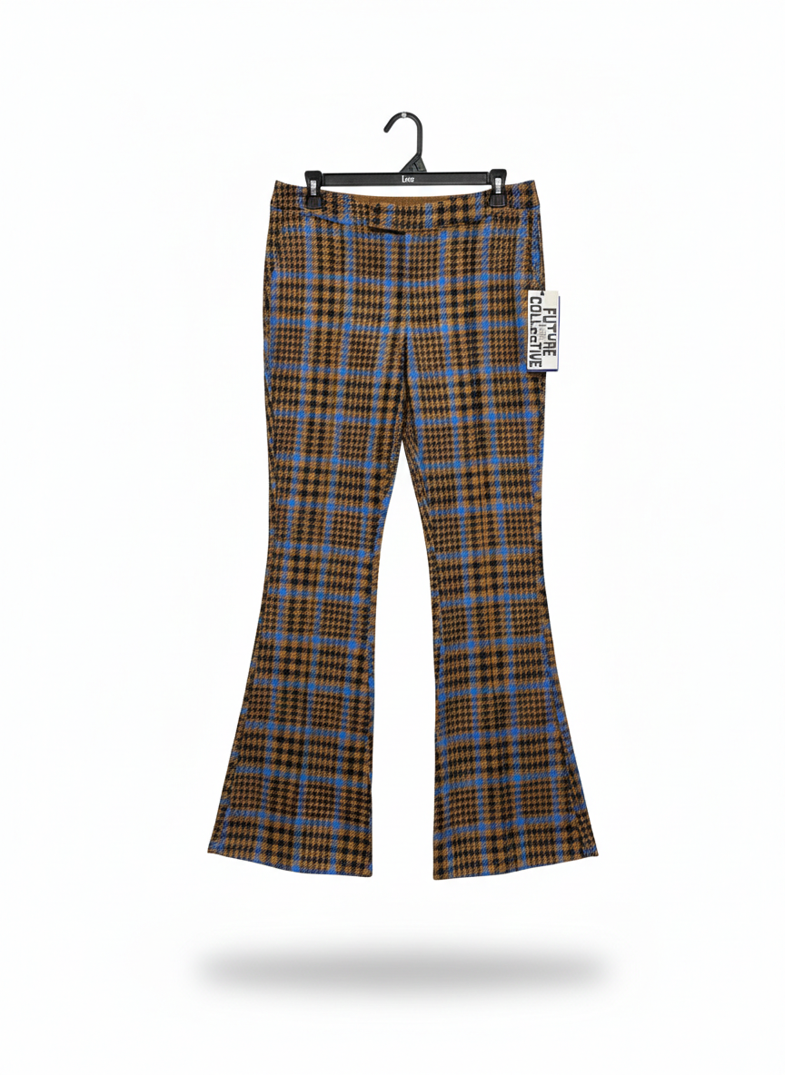 FUTURE COLLECTIVE|L|WAIST 32|Kahlana Barfield Brown Plaid Flare Pants