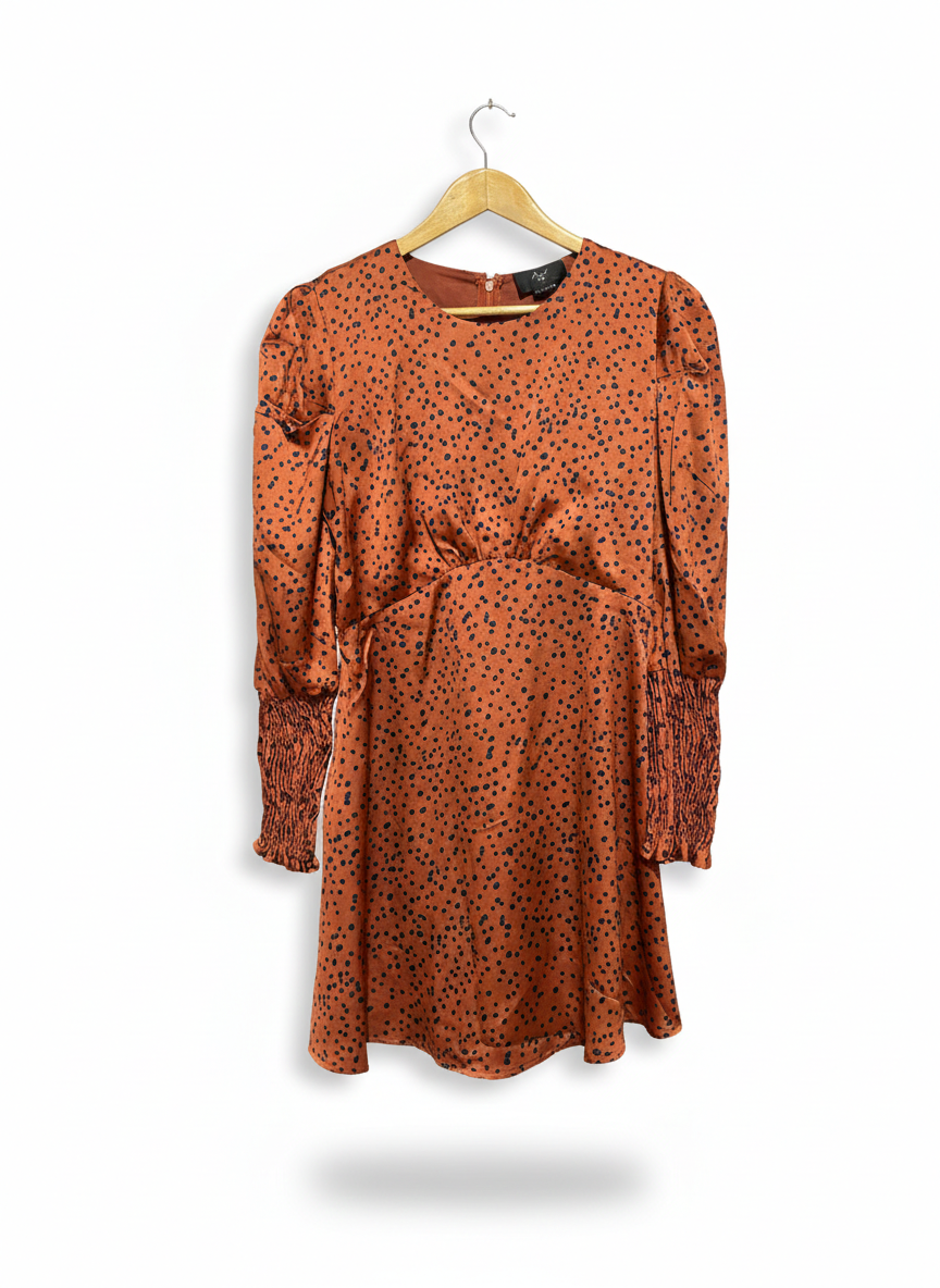 AX PARIS |M| BUST 18| WOMEN'S SATIN MINI DRESS IN RUST WITH POLKA DOTS