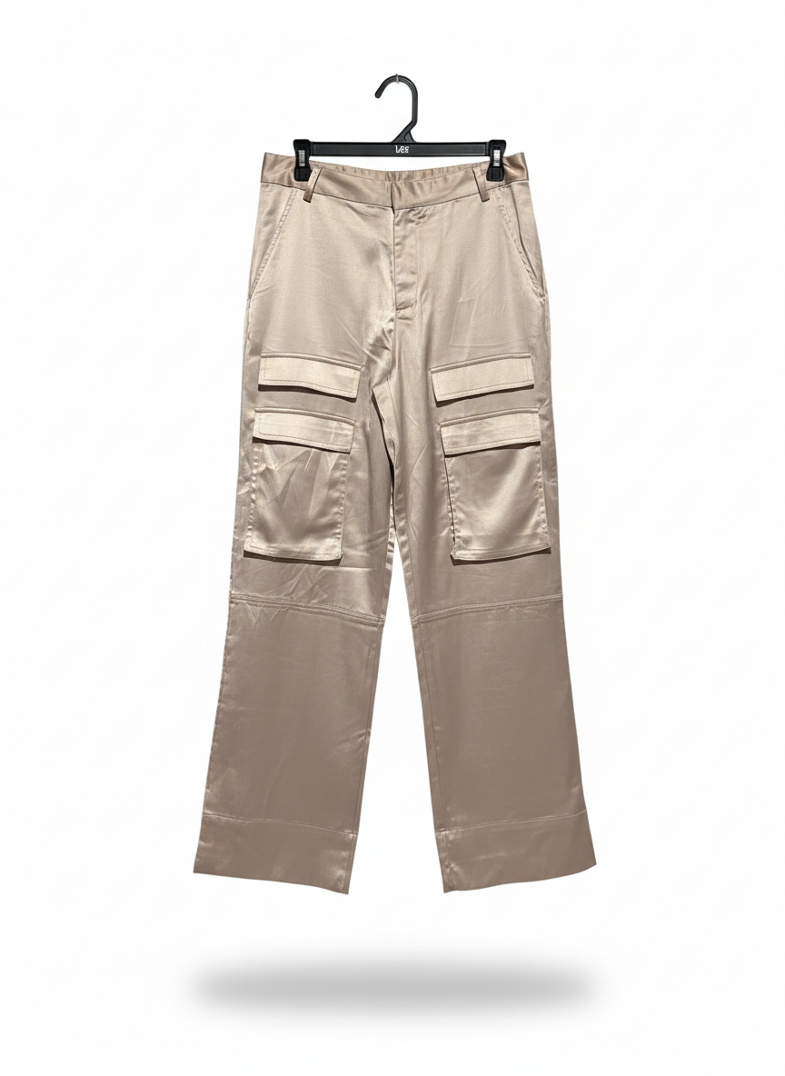 RUMOR |L| WAIST 30| LUMINOUS CHAMPAGNE SATIN CARGO PANTS