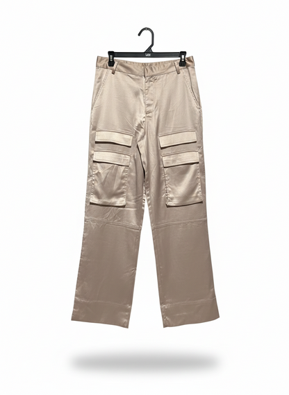 RUMOR |L| WAIST 30| LUMINOUS CHAMPAGNE SATIN CARGO PANTS