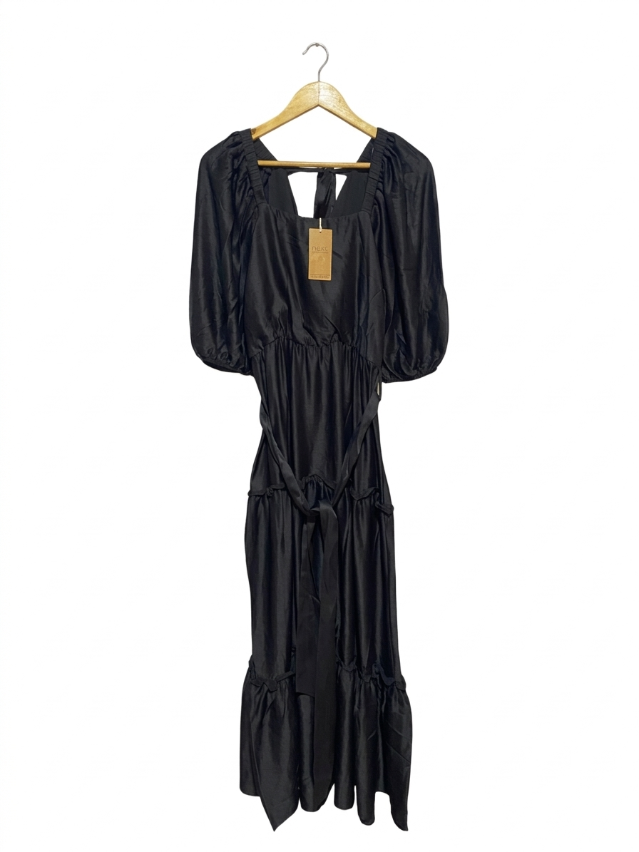 NEXT |M| BUST 17| B8| BLACK SATIN PUFF SLEEVE TIERED MIDI DRESS