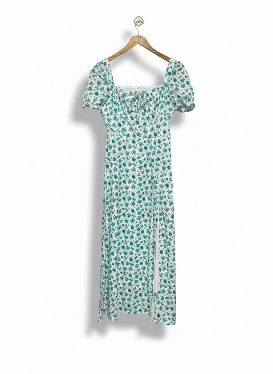 SHEIN |M| BUST 17| C6| WOMEN’S WHITE AND TEAL FLORAL PRINT MAXI DRESS