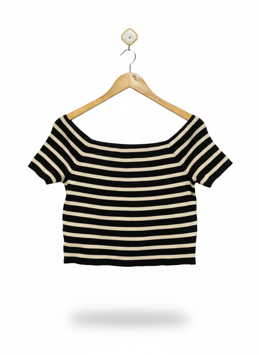 SPORTS GIRL |XL| BUST 16| C1| Black and White Striped Knit Bardot-style Crop Top