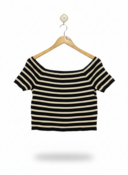 SPORTS GIRL |XL| BUST 16| C1| Black and White Striped Knit Bardot-style Crop Top