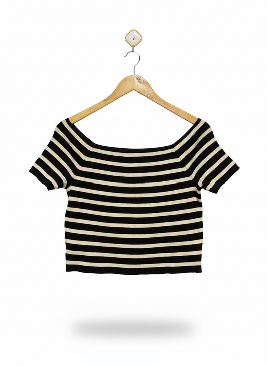 SPORTS GIRL |XL| BUST 16| C1| Black and White Striped Knit Bardot-style Crop Top